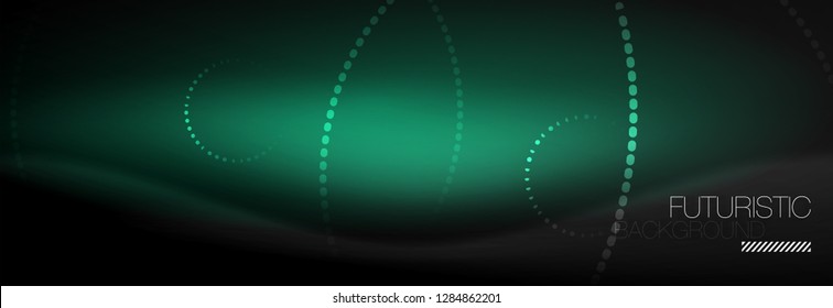 Glühende Neonenkreis-Zeilenpunkte, Rundliniendesign, abstrakter Stil auf schwarzem Hintergrund. Neon abstrakte runde Kreise Magische Neonleuchten und leuchtende Punkte. Vektorgrafik