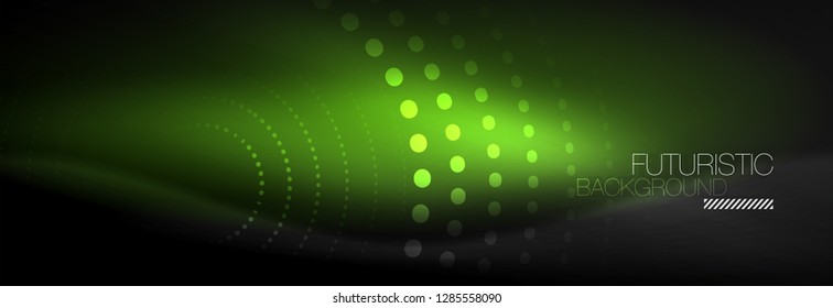 Puntos de línea de círculo de neón brillante, diseño de línea redonda, estilo abstracto sobre fondo negro. Neon círculos redondos abstractos. Luces de neón mágico y puntos brillantes. Ilustración del vector