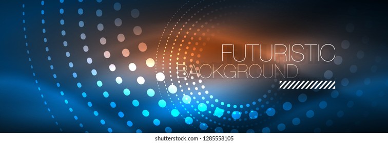 Puntos de línea de círculo de neón brillante, diseño de línea redonda, estilo abstracto sobre fondo negro. Neon círculos redondos abstractos. Luces de neón mágico y puntos brillantes. Ilustración del vector