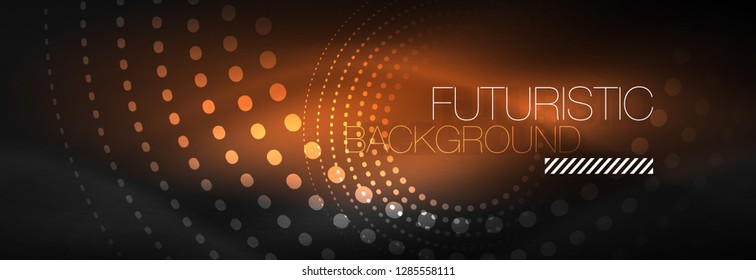 Glühende Neonenkreis-Zeilenpunkte, Rundliniendesign, abstrakter Stil auf schwarzem Hintergrund. Neon abstrakte runde Kreise Magische Neonleuchten und leuchtende Punkte. Vektorgrafik
