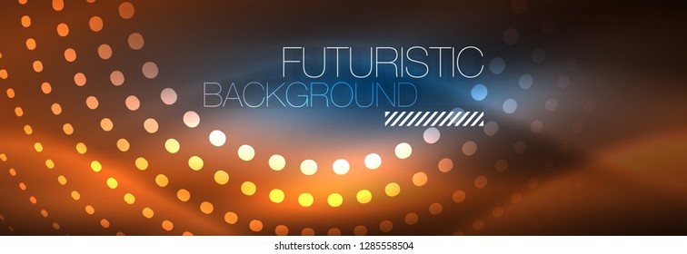 Puntos de línea de círculo de neón brillante, diseño de línea redonda, estilo abstracto sobre fondo negro. Neon círculos redondos abstractos. Luces de neón mágico y puntos brillantes. Ilustración del vector