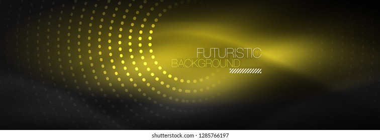 Puntos de línea de círculo de neón brillante, diseño de línea redonda, estilo abstracto sobre fondo negro. Neon círculos redondos abstractos. Luces de neón mágico y puntos brillantes. Ilustración del vector