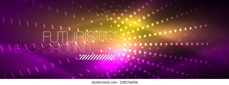Puntos de línea de círculo de neón brillante, diseño de línea redonda, estilo abstracto sobre fondo negro. Neon círculos redondos abstractos. Luces de neón mágico y puntos brillantes. Ilustración del vector