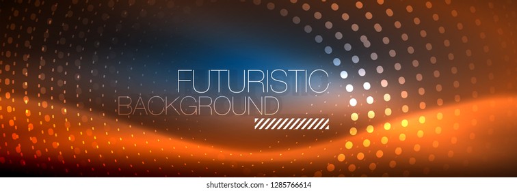 Glühende Neonenkreis-Zeilenpunkte, Rundliniendesign, abstrakter Stil auf schwarzem Hintergrund. Neon abstrakte runde Kreise Magische Neonleuchten und leuchtende Punkte. Vektorgrafik