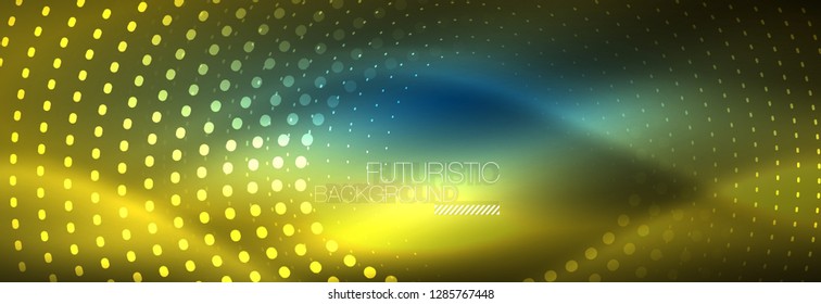 Puntos de línea de círculo de neón brillante, diseño de línea redonda, estilo abstracto sobre fondo negro. Neon círculos redondos abstractos. Luces de neón mágico y puntos brillantes. Ilustración del vector