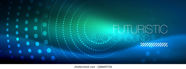 Puntos de línea de círculo de neón brillante, diseño de línea redonda, estilo abstracto sobre fondo negro. Neon círculos redondos abstractos. Luces de neón mágico y puntos brillantes. Ilustración del vector