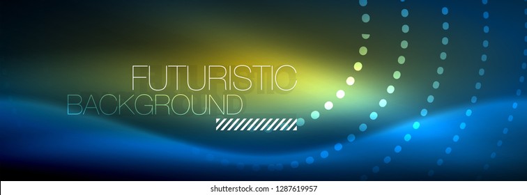Puntos de línea de círculo de neón brillante, diseño de línea redonda, estilo abstracto sobre fondo negro. Neon círculos redondos abstractos. Luces de neón mágico y puntos brillantes. Ilustración del vector