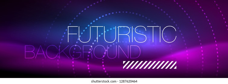 Puntos de línea de círculo de neón brillante, diseño de línea redonda, estilo abstracto sobre fondo negro. Neon círculos redondos abstractos. Luces de neón mágico y puntos brillantes. Ilustración del vector