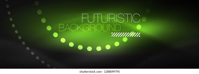 Puntos de línea de círculo de neón brillante, diseño de línea redonda, estilo abstracto sobre fondo negro. Neon círculos redondos abstractos. Luces de neón mágico y puntos brillantes. Ilustración del vector