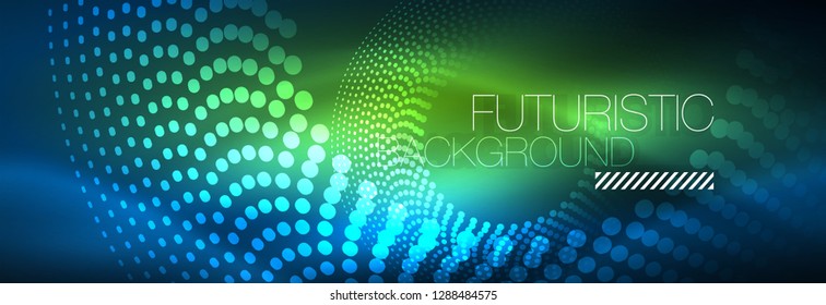 Puntos de línea de círculo de neón brillante, diseño de línea redonda, estilo abstracto sobre fondo negro. Neon círculos redondos abstractos. Luces de neón mágico y puntos brillantes. Ilustración del vector