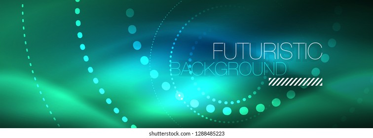 Puntos de línea de círculo de neón brillante, diseño de línea redonda, estilo abstracto sobre fondo negro. Neon círculos redondos abstractos. Luces de neón mágico y puntos brillantes. Ilustración del vector