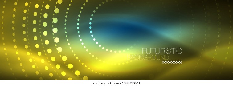 Puntos de línea de círculo de neón brillante, diseño de línea redonda, estilo abstracto sobre fondo negro. Neon círculos redondos abstractos. Luces de neón mágico y puntos brillantes. Ilustración del vector