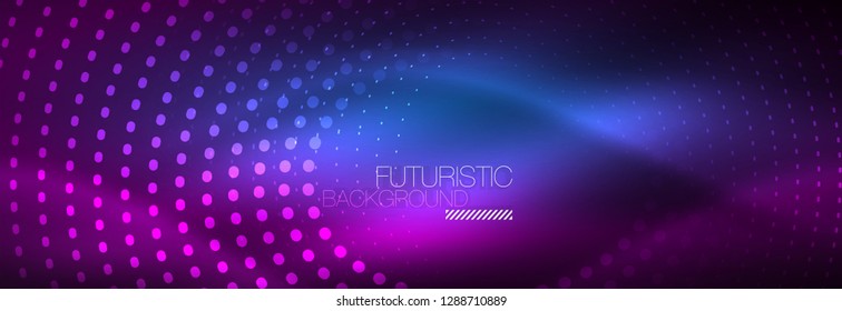 Puntos de línea de círculo de neón brillante, diseño de línea redonda, estilo abstracto sobre fondo negro. Neon círculos redondos abstractos. Luces de neón mágico y puntos brillantes. Ilustración del vector