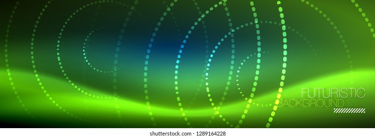 Puntos de línea de círculo de neón brillante, diseño de línea redonda, estilo abstracto sobre fondo negro. Neon círculos redondos abstractos. Luces de neón mágico y puntos brillantes. Ilustración del vector