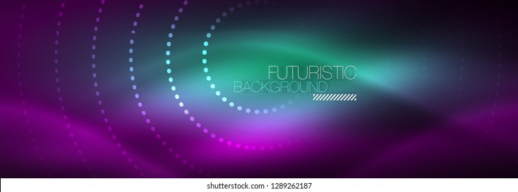 Glowing neon circle line dots, round line design, abstract style on black background. Neon abstract round circles Magic neon lights and glowing dots. Vector illustration