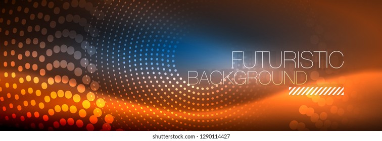 Puntos de línea de círculo de neón brillante, diseño de línea redonda, estilo abstracto sobre fondo negro. Neon círculos redondos abstractos. Luces de neón mágico y puntos brillantes. Ilustración del vector