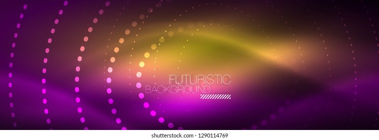 Puntos de línea de círculo de neón brillante, diseño de línea redonda, estilo abstracto sobre fondo negro. Neon círculos redondos abstractos. Luces de neón mágico y puntos brillantes. Ilustración del vector