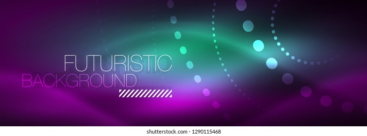 Puntos de línea de círculo de neón brillante, diseño de línea redonda, estilo abstracto sobre fondo negro. Neon círculos redondos abstractos. Luces de neón mágico y puntos brillantes. Ilustración del vector