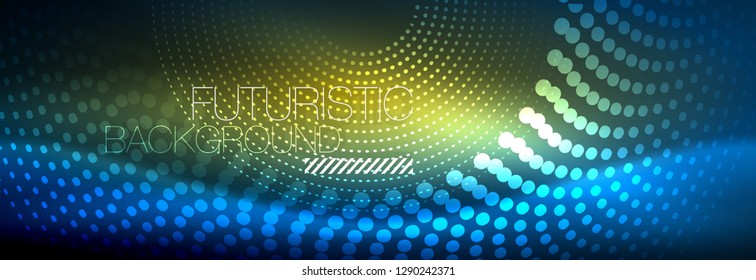 Puntos de línea de círculo de neón brillante, diseño de línea redonda, estilo abstracto sobre fondo negro. Neon círculos redondos abstractos. Luces de neón mágico y puntos brillantes. Ilustración del vector