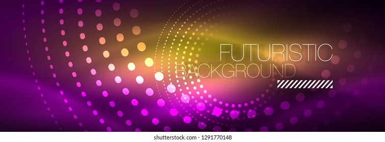 Puntos de línea de círculo de neón brillante, diseño de línea redonda, estilo abstracto sobre fondo negro. Neon círculos redondos abstractos. Luces de neón mágico y puntos brillantes. Ilustración del vector