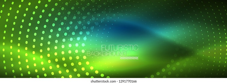 Puntos de línea de círculo de neón brillante, diseño de línea redonda, estilo abstracto sobre fondo negro. Neon círculos redondos abstractos. Luces de neón mágico y puntos brillantes. Ilustración del vector