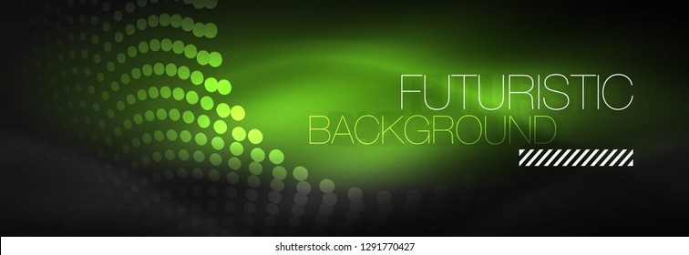 Glühende Neonenkreis-Zeilenpunkte, Rundliniendesign, abstrakter Stil auf schwarzem Hintergrund. Neon abstrakte runde Kreise Magische Neonleuchten und leuchtende Punkte. Vektorgrafik