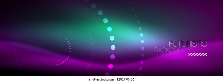 Puntos de línea de círculo de neón brillante, diseño de línea redonda, estilo abstracto sobre fondo negro. Neon círculos redondos abstractos. Luces de neón mágico y puntos brillantes. Ilustración del vector