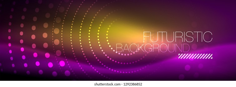 Puntos de línea de círculo de neón brillante, diseño de línea redonda, estilo abstracto sobre fondo negro. Neon círculos redondos abstractos. Luces de neón mágico y puntos brillantes. Ilustración del vector