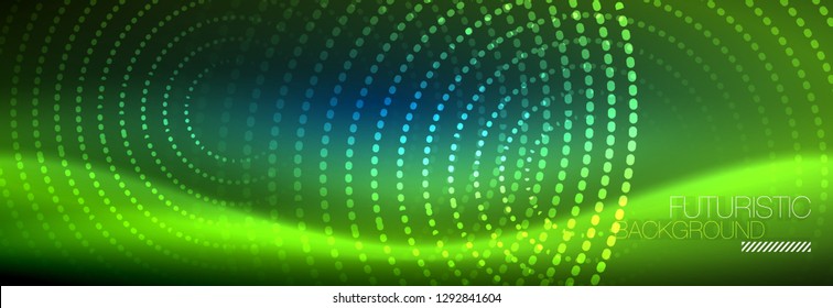 Puntos de línea de círculo de neón brillante, diseño de línea redonda, estilo abstracto sobre fondo negro. Neon círculos redondos abstractos. Luces de neón mágico y puntos brillantes. Ilustración del vector