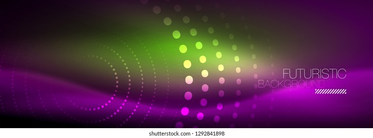 Puntos de línea de círculo de neón brillante, diseño de línea redonda, estilo abstracto sobre fondo negro. Neon círculos redondos abstractos. Luces de neón mágico y puntos brillantes. Ilustración del vector