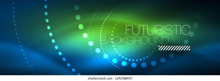 Puntos de línea de círculo de neón brillante, diseño de línea redonda, estilo abstracto sobre fondo negro. Neon círculos redondos abstractos. Luces de neón mágico y puntos brillantes. Ilustración del vector
