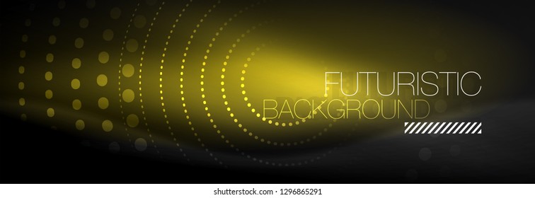 Puntos de línea de círculo de neón brillante, diseño de línea redonda, estilo abstracto sobre fondo negro. Neon círculos redondos abstractos. Luces de neón mágico y puntos brillantes. Ilustración del vector