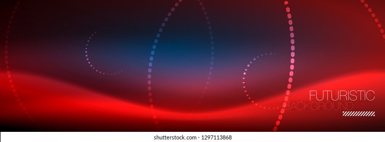 Pontos de linha de círculo de néon brilhante, design de linha redonda, estilo abstrato em fundo preto. Néon abstrato círculos redondos Luzes de néon mágico e pontos brilhantes. Ilustração vetorial