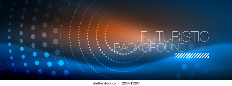 Puntos de línea de círculo de neón brillante, diseño de línea redonda, estilo abstracto sobre fondo negro. Neon círculos redondos abstractos. Luces de neón mágico y puntos brillantes. Ilustración del vector