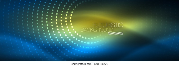 Puntos de línea circular de neón brillante, diseño de línea redonda, estilo abstracto sobre fondo negro. Círculos redondos abstractos Neon luces de neón mágico y puntos brillantes. Ilustración del vector