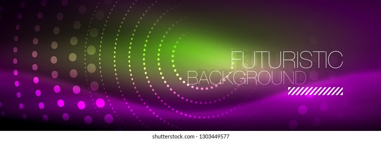 Puntos de línea de círculo de neón brillante, diseño de línea redonda, estilo abstracto sobre fondo negro. Neon círculos redondos abstractos. Luces de neón mágico y puntos brillantes. Ilustración del vector