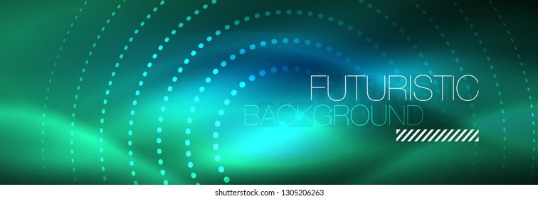 Puntos de línea de círculo de neón brillante, diseño de línea redonda, estilo abstracto sobre fondo negro. Neon círculos redondos abstractos. Luces de neón mágico y puntos brillantes. Ilustración del vector