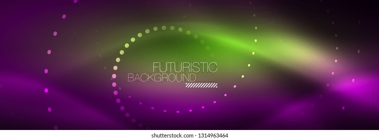 Puntos de línea de círculo de neón brillante, diseño de línea redonda, estilo abstracto sobre fondo negro. Neon círculos redondos abstractos. Luces de neón mágico y puntos brillantes. Ilustración del vector