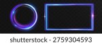 Glowing neon circle and rectangular frame with blue and purple light effects. Futuristic luminous borders with soft glow, perfect for sci-fi UI, overlays, and modern digital designs.