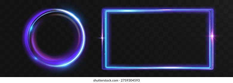 Glowing neon circle and rectangular frame with blue and purple light effects. Futuristic luminous borders with soft glow, perfect for sci-fi UI, overlays, and modern digital designs.