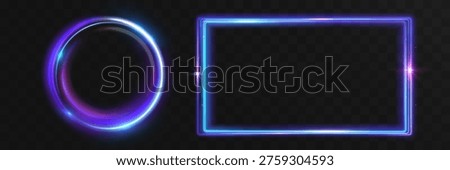 Glowing neon circle and rectangular frame with blue and purple light effects. Futuristic luminous borders with soft glow, perfect for sci-fi UI, overlays, and modern digital designs.