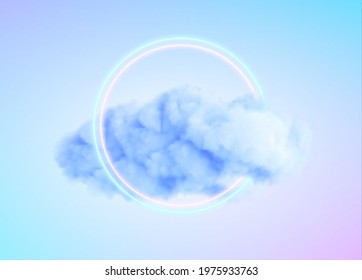 Glowing Neon Circle Shape In A Cloud Of Fog. Modern Trending 3d Conceptual Design Background. Violet Blue Pink Colors. Vector Illustration EPS10