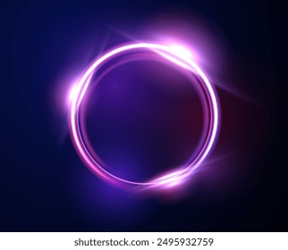 Glowing neon circle with vibrant pink and purple hues on a dark background. Vector illustration featuring a bright, luminous ring with light flares, creating a modern, futuristic design.