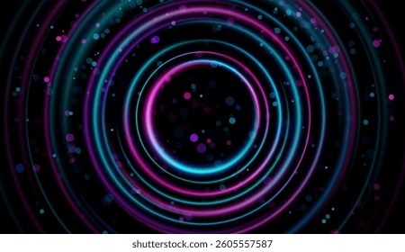 Glowing neon circles with blue and pink light lines. Motion blur adds dynamic speed effects. Futuristic technology design on a dark background ideal for modern digital visuals.