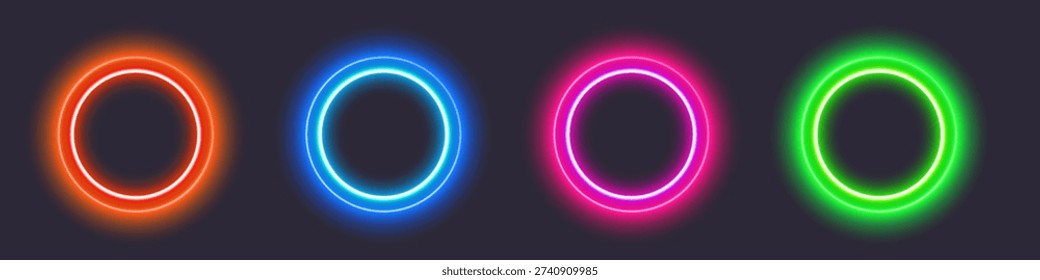 Glowing neon circles on dark background.