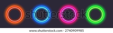 Glowing neon circles on dark background.