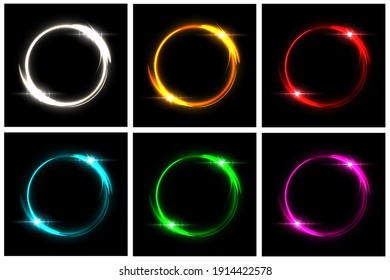 Glowing neon circles set. Silver, orange, red, blue, green, pink round electric light frames with sparkles on black background. Geometric fashion design vector illustration.