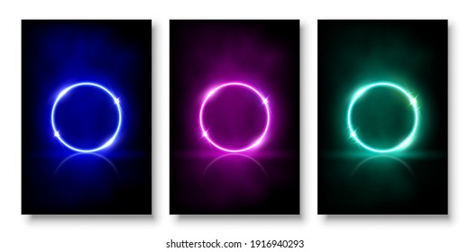 Círculos de neón brillantes con chispas en un fondo abstracto de niebla. Marcas eléctricas redondas. Ilustración vectorial de diseño de moda geométrica. Decoración de arte minimalista azul, rosa, verde anillos.