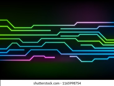 Glowing neon circuit board lines on black background. Vector technology design