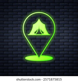 Glowing neon Circus tent icon isolated on brick wall background. Carnival camping tent. Amusement park.  Vector